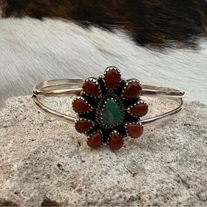 ❤️ Emerald Valley Turquoise & Italian Red Coral Cuff Bracelet 925 Navajo Style